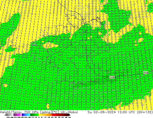 Height/Temp. 700 hPa UK-Global Dom 02.06.2024 12 UTC