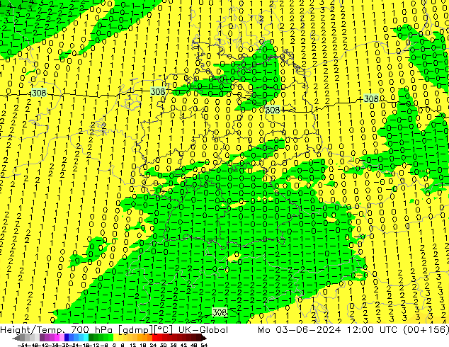 Height/Temp. 700 hPa UK-Global Po 03.06.2024 12 UTC