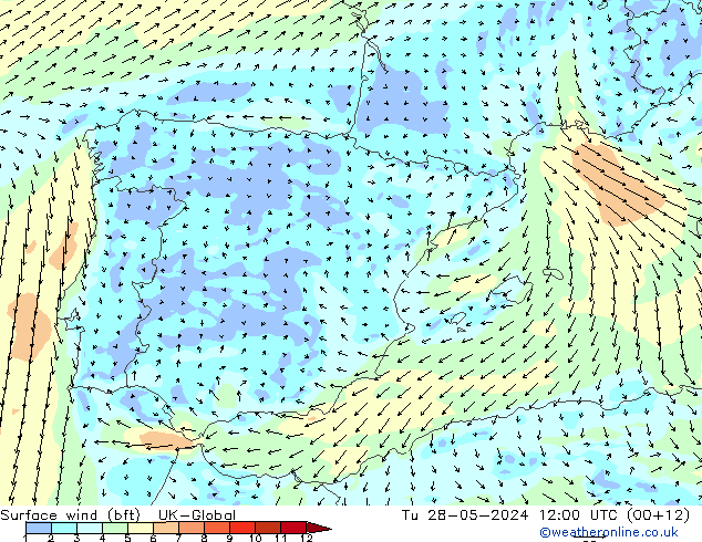 Vento 10 m (bft) UK-Global Ter 28.05.2024 12 UTC
