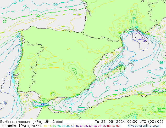 Isotachs (kph) UK-Global mar 28.05.2024 09 UTC