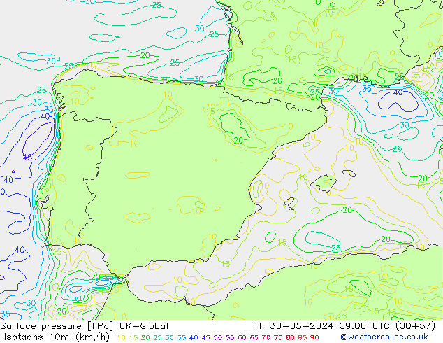 Isotachs (kph) UK-Global Th 30.05.2024 09 UTC