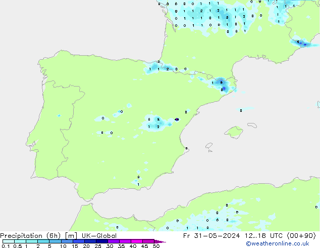 Precipitation (6h) UK-Global Fr 31.05.2024 18 UTC
