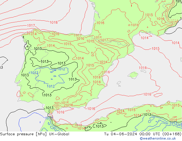 Surface pressure UK-Global Tu 04.06.2024 00 UTC