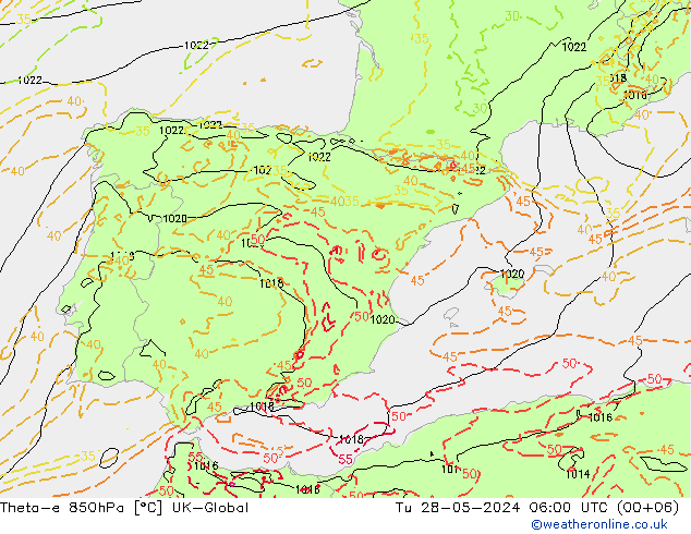 Theta-e 850hPa UK-Global mar 28.05.2024 06 UTC