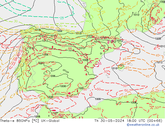 Theta-e 850hPa UK-Global Th 30.05.2024 18 UTC