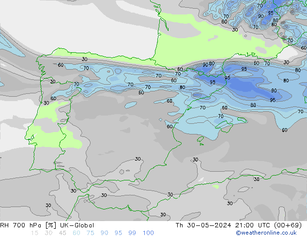 RH 700 гПа UK-Global чт 30.05.2024 21 UTC