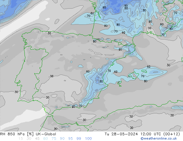 RH 850 hPa UK-Global Tu 28.05.2024 12 UTC