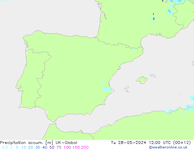 Precipitation accum. UK-Global Út 28.05.2024 12 UTC