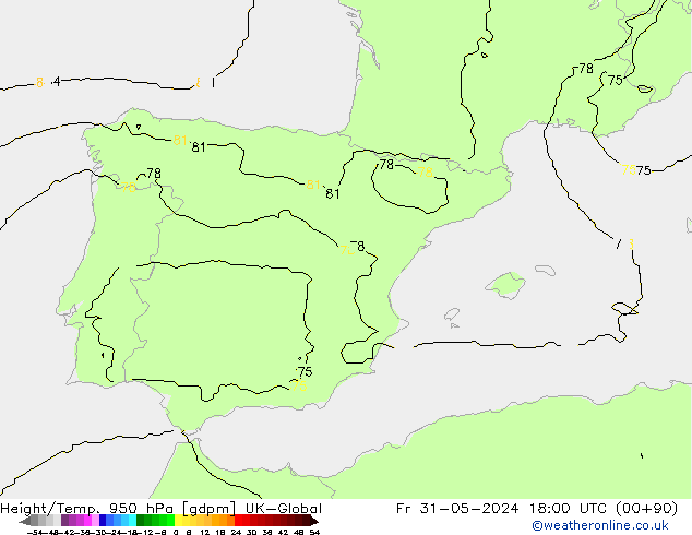 Height/Temp. 950 hPa UK-Global Pá 31.05.2024 18 UTC