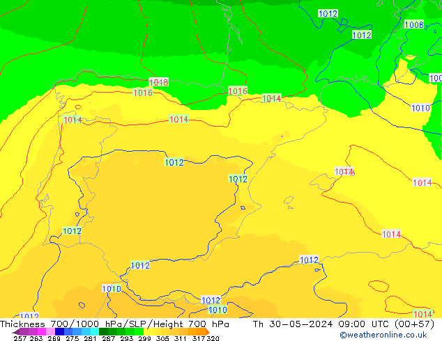 700-1000 hPa Kalınlığı UK-Global Per 30.05.2024 09 UTC