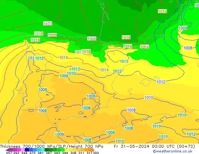 Thck 700-1000 hPa UK-Global Fr 31.05.2024 00 UTC