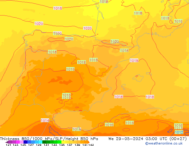 850-1000 hPa Kalınlığı UK-Global Çar 29.05.2024 03 UTC