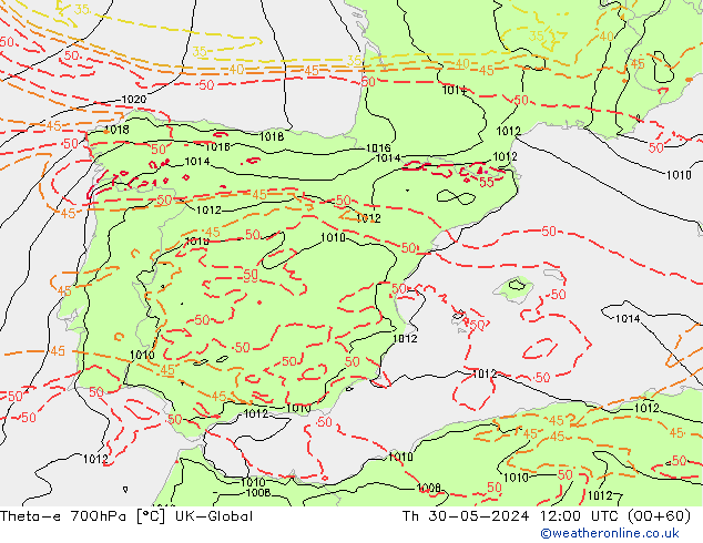 Theta-e 700гПа UK-Global чт 30.05.2024 12 UTC