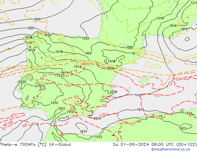 Theta-e 700гПа UK-Global сб 01.06.2024 06 UTC