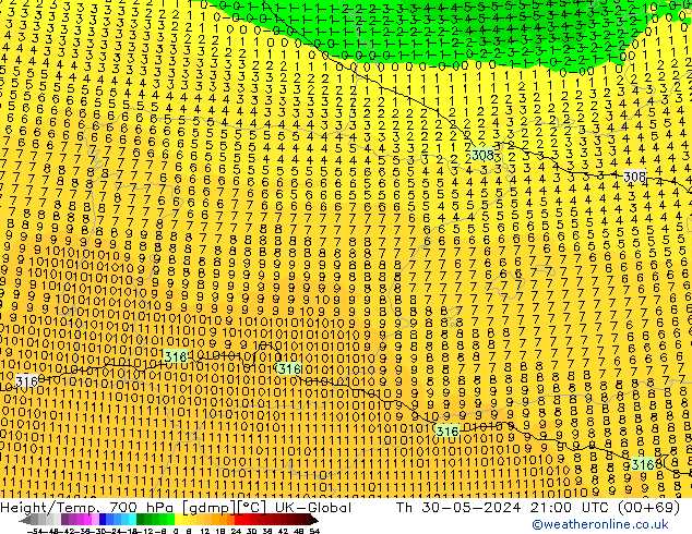 Height/Temp. 700 hPa UK-Global Čt 30.05.2024 21 UTC