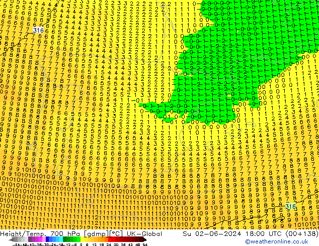 Geop./Temp. 700 hPa UK-Global dom 02.06.2024 18 UTC