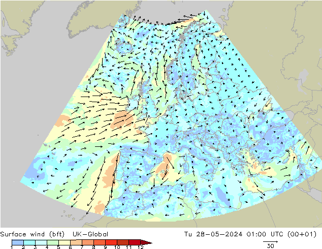 Surface wind (bft) UK-Global Út 28.05.2024 01 UTC