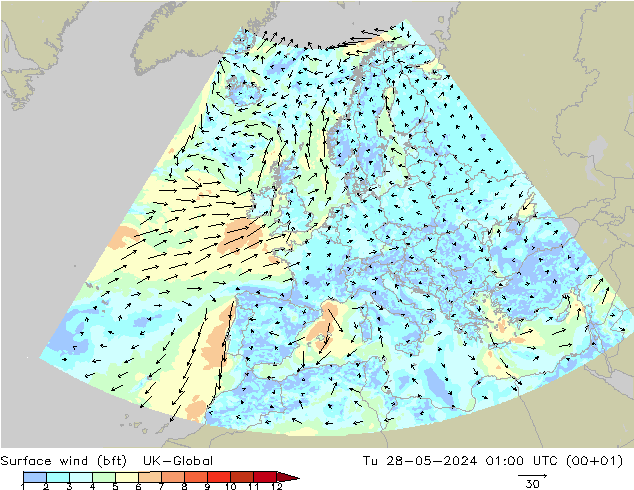 Vento 10 m (bft) UK-Global mar 28.05.2024 01 UTC