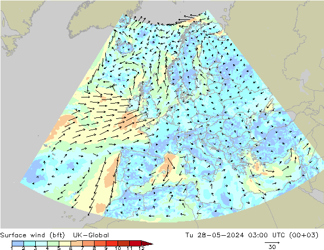Viento 10 m (bft) UK-Global mar 28.05.2024 03 UTC