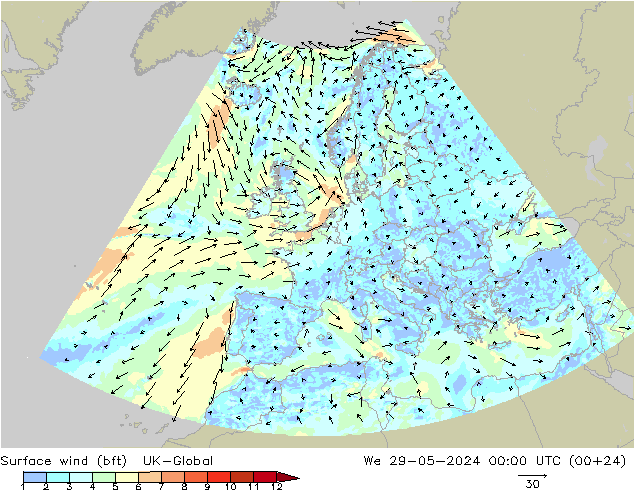 Surface wind (bft) UK-Global St 29.05.2024 00 UTC