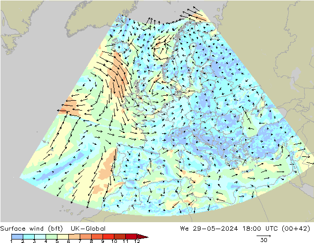 Surface wind (bft) UK-Global We 29.05.2024 18 UTC