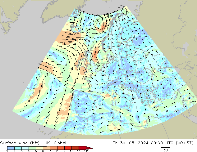 Surface wind (bft) UK-Global Th 30.05.2024 09 UTC