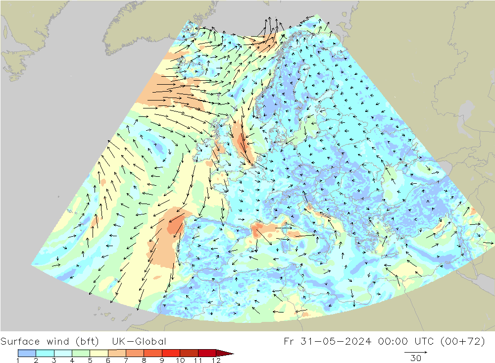 Bodenwind (bft) UK-Global Fr 31.05.2024 00 UTC