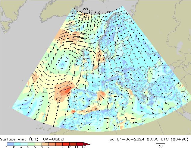 Rüzgar 10 m (bft) UK-Global Cts 01.06.2024 00 UTC