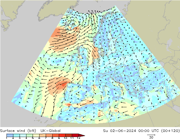 Vento 10 m (bft) UK-Global dom 02.06.2024 00 UTC