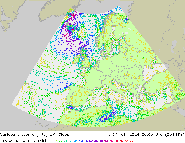 Isotachs (kph) UK-Global Út 04.06.2024 00 UTC