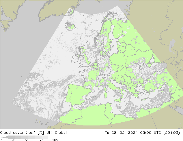 Cloud cover (low) UK-Global Tu 28.05.2024 03 UTC