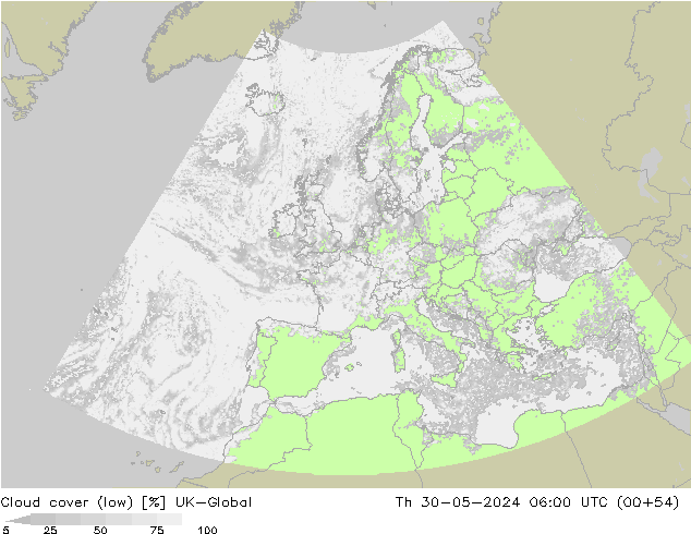 Cloud cover (low) UK-Global Th 30.05.2024 06 UTC