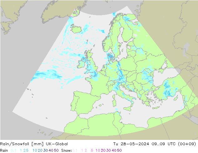 Rain/Snowfall UK-Global Tu 28.05.2024 09 UTC