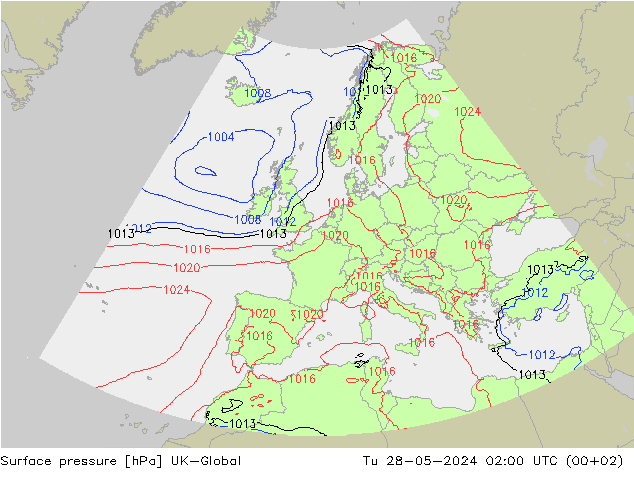 Atmosférický tlak UK-Global Út 28.05.2024 02 UTC