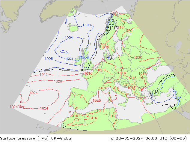 Surface pressure UK-Global Tu 28.05.2024 06 UTC