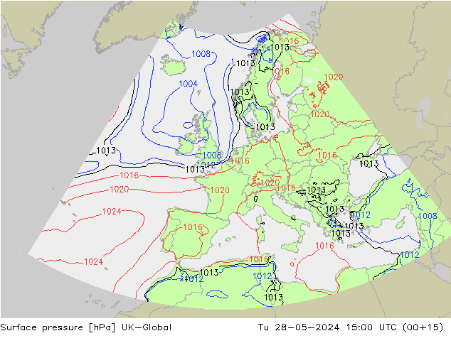 Surface pressure UK-Global Tu 28.05.2024 15 UTC