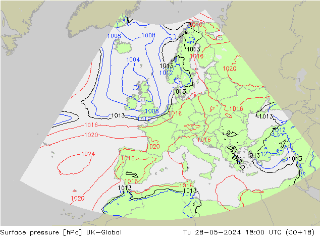 Surface pressure UK-Global Tu 28.05.2024 18 UTC