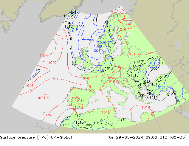 Atmosférický tlak UK-Global St 29.05.2024 09 UTC