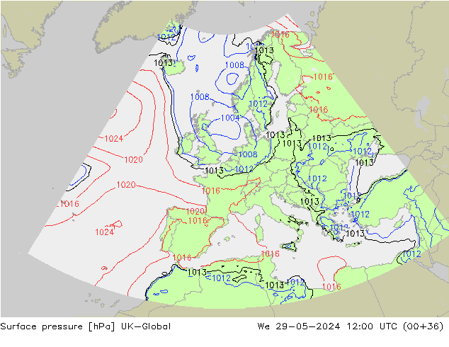 Presión superficial UK-Global mié 29.05.2024 12 UTC