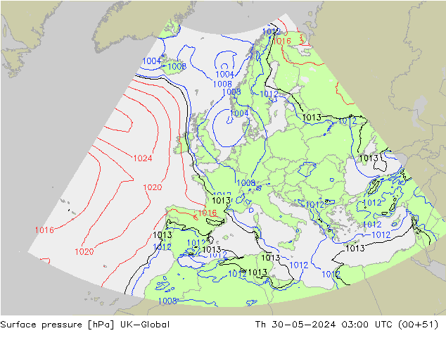 Pressione al suolo UK-Global gio 30.05.2024 03 UTC