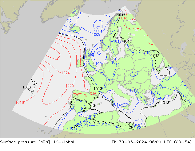 Surface pressure UK-Global Th 30.05.2024 06 UTC