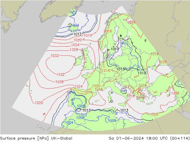 Pressione al suolo UK-Global sab 01.06.2024 18 UTC