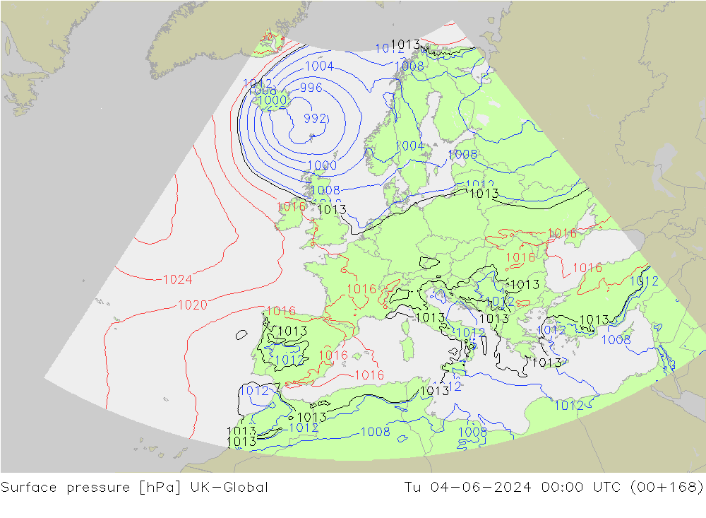 Surface pressure UK-Global Tu 04.06.2024 00 UTC