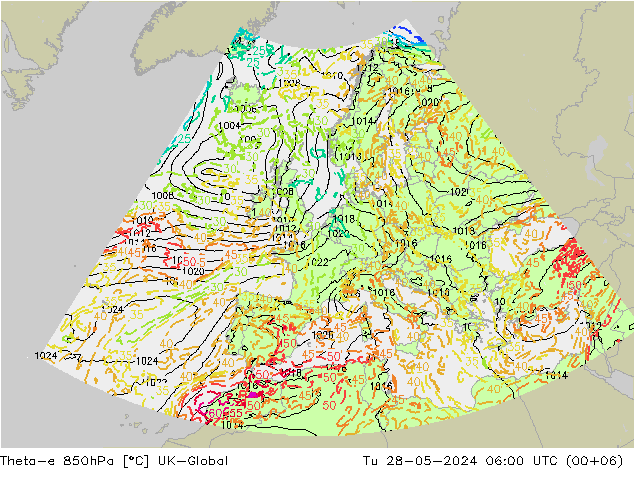 Theta-e 850hPa UK-Global Tu 28.05.2024 06 UTC