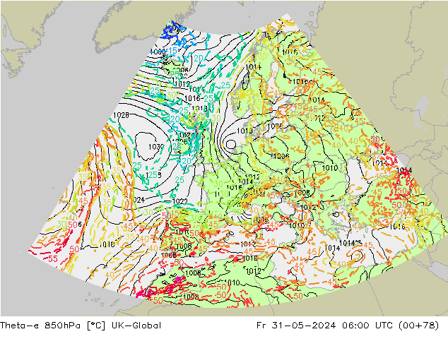 Theta-e 850hPa UK-Global ven 31.05.2024 06 UTC