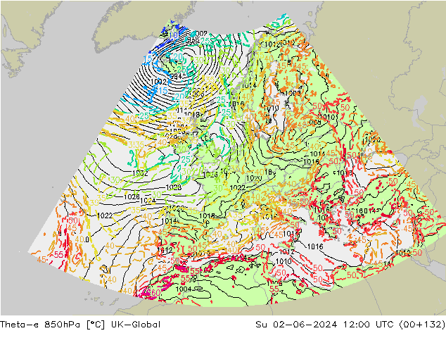 Theta-e 850hPa UK-Global dim 02.06.2024 12 UTC