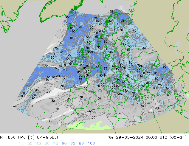 RH 850 hPa UK-Global Mi 29.05.2024 00 UTC