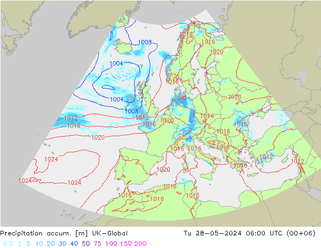 Precipitation accum. UK-Global Tu 28.05.2024 06 UTC