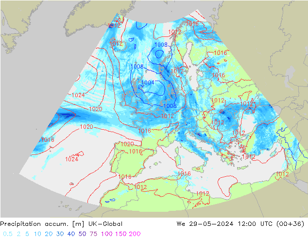 Precipitation accum. UK-Global We 29.05.2024 12 UTC