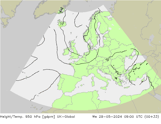 Géop./Temp. 950 hPa UK-Global mer 29.05.2024 09 UTC